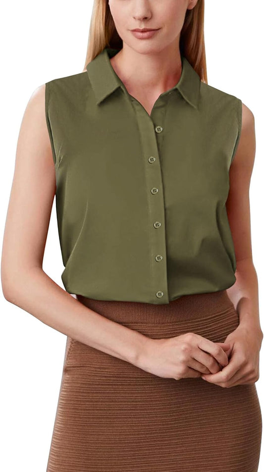 Zeagoo Women's Sleeveless Button Down Shirts Blouses Solid Casual Loose V Neck Tank Tops for Work S-XXL