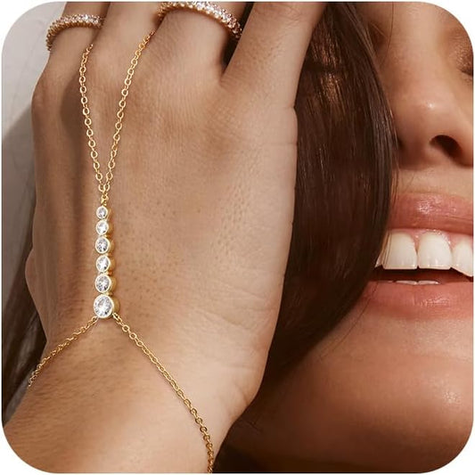 Hand Chain Bracelet for Women: Dainty 14k Gold Silver Plated Ring Chain Bracelets for Women Trendy Jewelry for Wedding Prom Birthday Gifts for Women