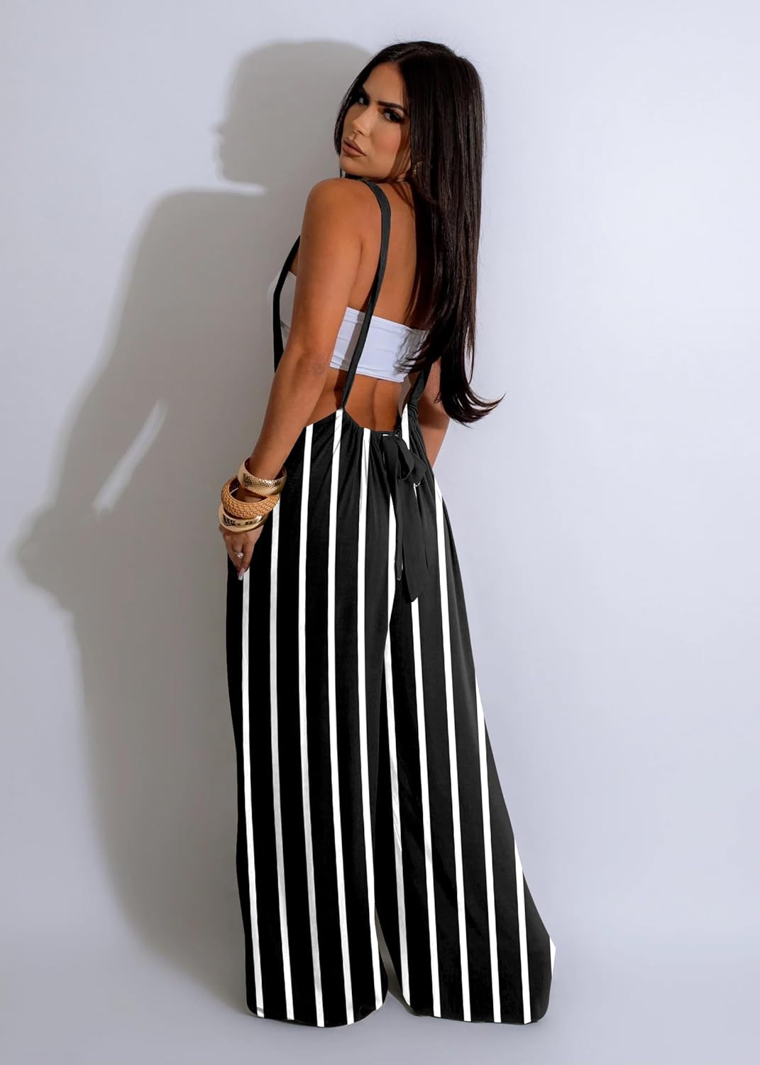 Nimsruc Womens Jumpsuit Casual Loose Sleeveless Adjustable Spaghetti Straps Wide Leg Pants Baggy Overalls With Pockets