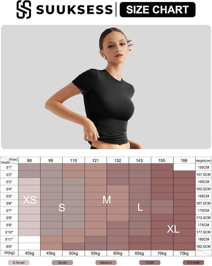 SUUKSESS Women Double Lined Fitted Basic Tee Crew Neck Short Sleeve Y2K Crop Top