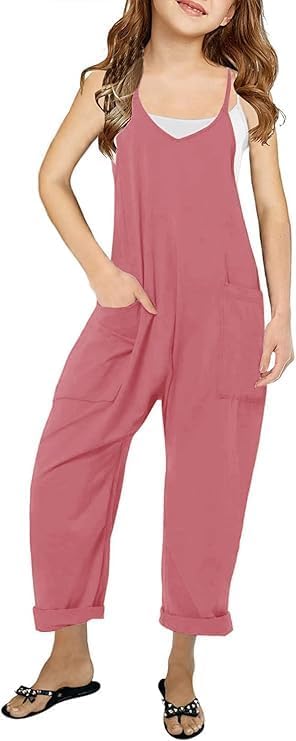 Girl's Casual Sleeveless Jumpsuits Spaghetti Straps Harem Long Overalls With Pockets