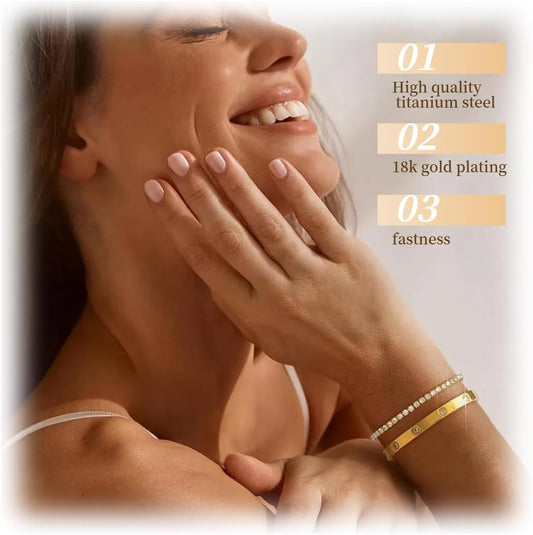 NEKVFO 18K Gold Plated Love Bracelet Set, Zircon Adjustable Bracelet Horseshoe Buckle Cable Bracelet, 3-Piece Women's Stackable Gold Bracelet Jewelry Set