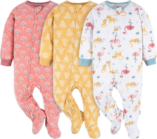 Gerber Baby Girls' Flame Resistant Fleece Footed Pajamas 3-Pack