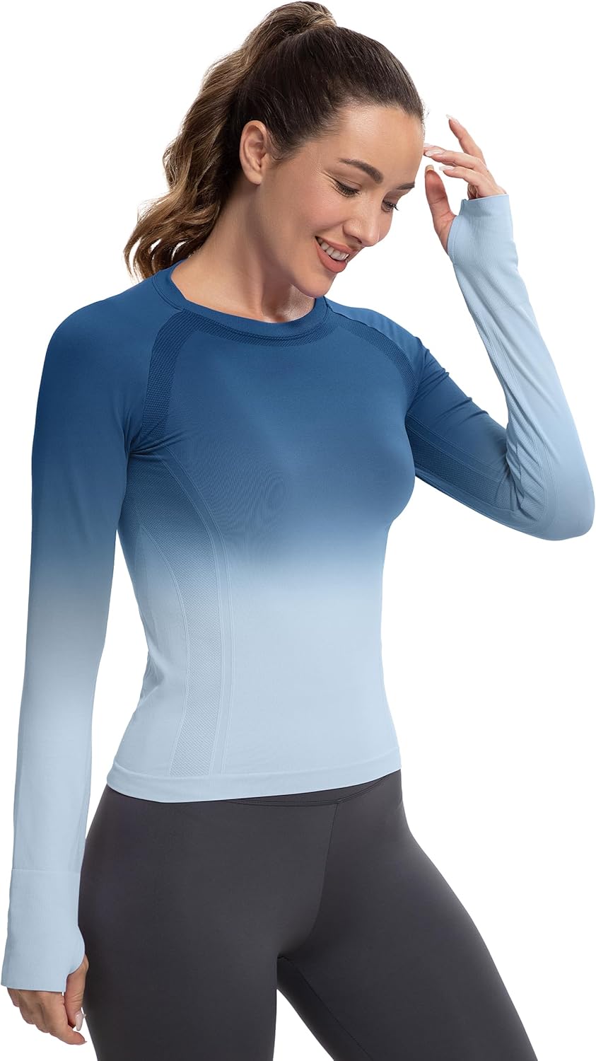 MathCat Long Sleeve Workout Tops for Women, Gradient Running Athletic Shirts, Seamless Breathable Tops with Thumb Holes