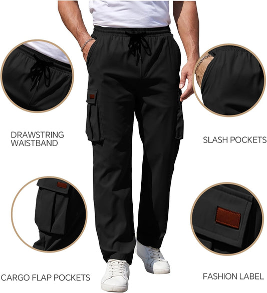 Mens Cargo Pants Drawstring Relaxed Fit Pants Stretch Elastic Waist Work Outdoor Casual Pants with Pockets