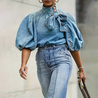 Women's Bow Design Denim Pullover Top Button Up High Neck Fashionable Jacket with Elastic and Puff Sleeves
