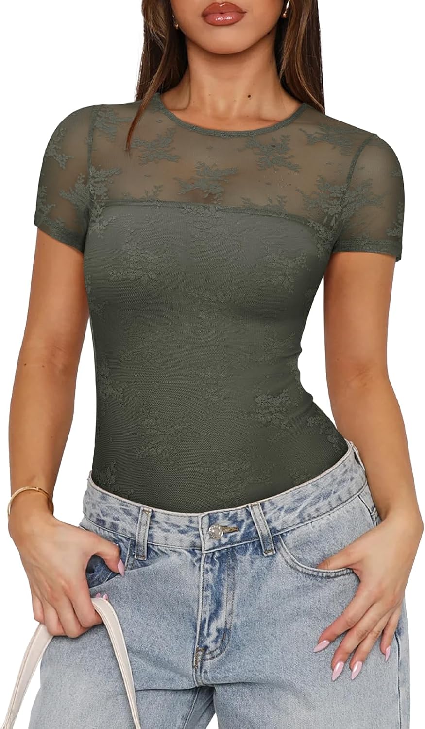 PINKMSTYLE Womens Crew Neck Lace Short Sleeve Bodysuit Double Lined Going Out Tops Sexy Thong Body Suit Shirts