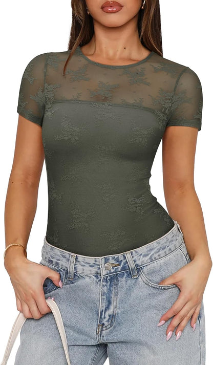 PINKMSTYLE Womens Crew Neck Lace Short Sleeve Bodysuit Double Lined Going Out Tops Sexy Thong Body Suit Shirts
