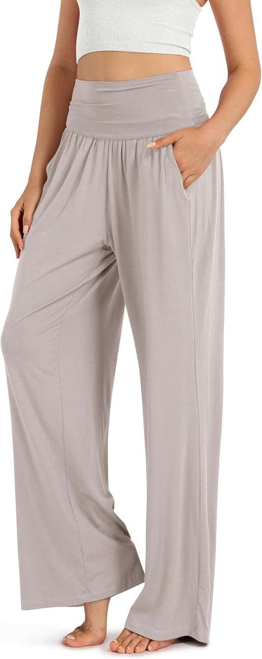 ODODOS Women's Wide Leg Palazzo Lounge Pants with Pockets Light Weight Loose Comfy Casual Pajama Pants-32 Inseam, Light Beige, Medium