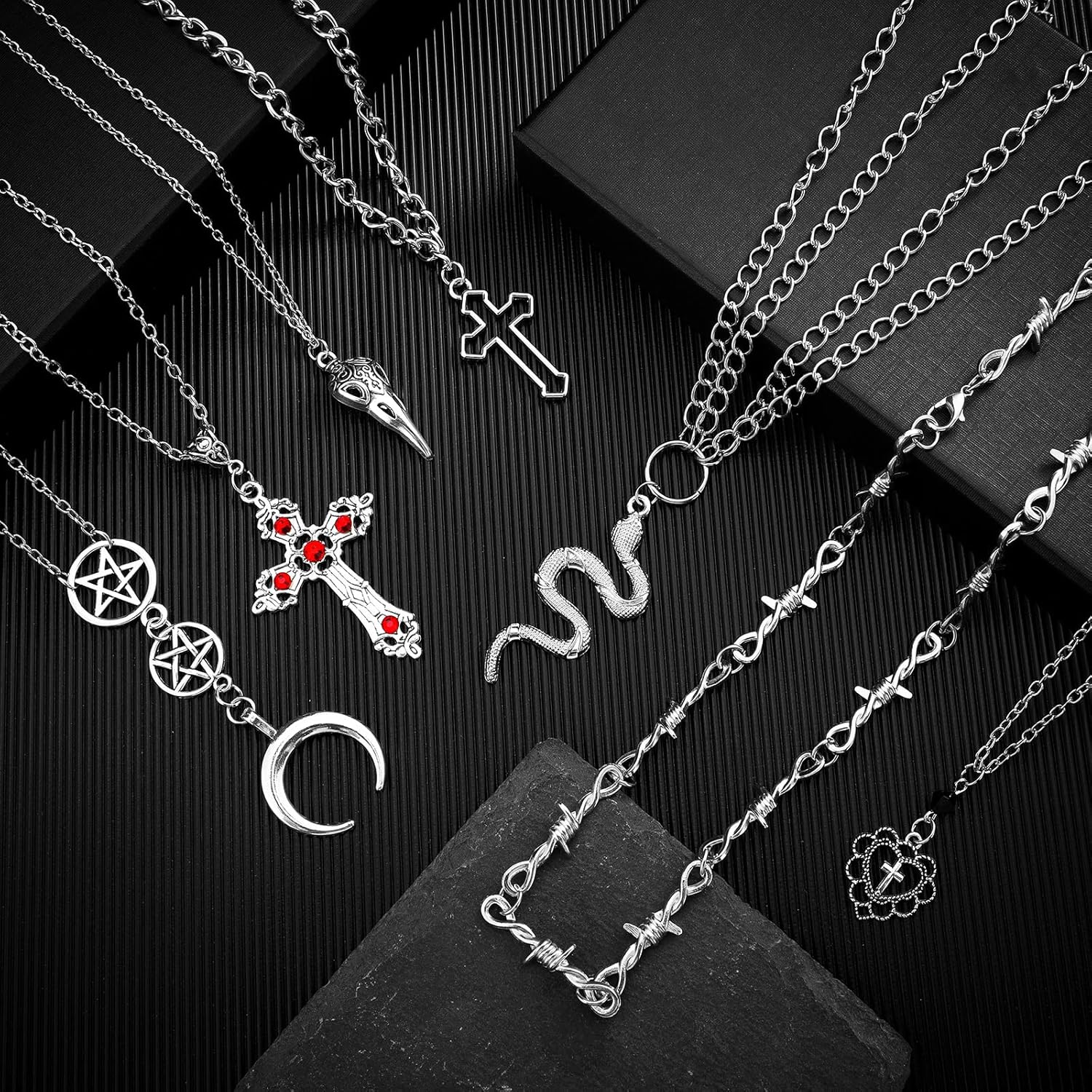 Janmercy 15 Pcs Gothic Grunge Necklace Set Goth Punk Rock Vintage Y2k Harajuku Silver Chain Choker Necklace Jewelry Costume Accessories for Women