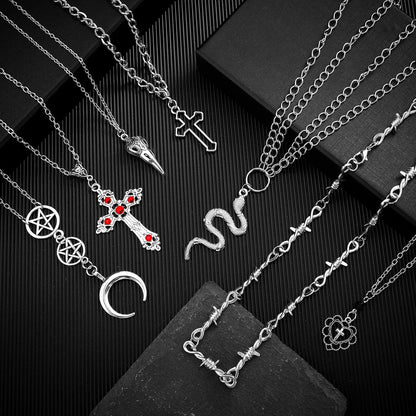 Janmercy 15 Pcs Gothic Grunge Necklace Set Goth Punk Rock Vintage Y2k Harajuku Silver Chain Choker Necklace Jewelry Costume Accessories for Women