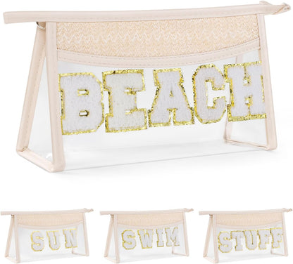 Etercycle Boho Patch BEACH Makeup Bag, Clear PVC Travel Toiletry Bag Waterproof Beach Bags for Women, Small Chenille Letter Bag With Zipper for Beach Travel Essentials