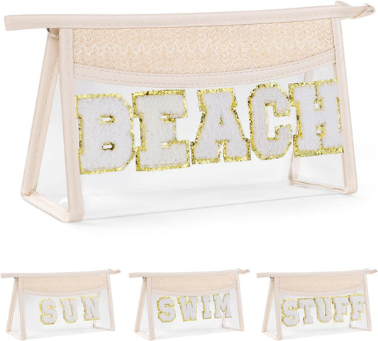 Etercycle Boho Patch BEACH Makeup Bag, Clear PVC Travel Toiletry Bag Waterproof Beach Bags for Women, Small Chenille Letter Bag With Zipper for Beach Travel Essentials