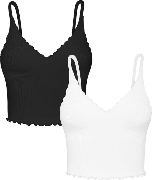 Sunzel Tank Top for Women, V Neck Seamless Ribbed Crop Camisole with Ruffles