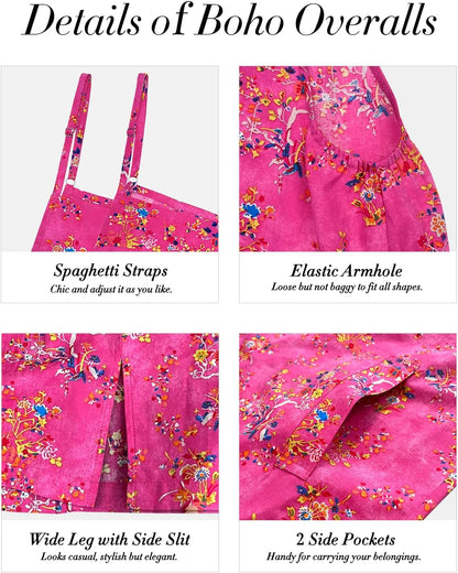 YESNO Women's Summer Boho Casual Jumpsuits Wide Leg Overalls Floral Print Baggy Rompers with Pockets PZZCR