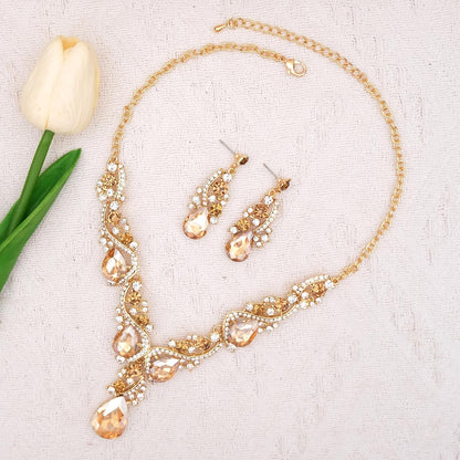 CSY Women's Elegant Bridal Necklace Earrings Stretch Bangle Bracelsts Set for Bride Bridesmaid Wedding Teardrop Crystal Costume Jewelry Sets