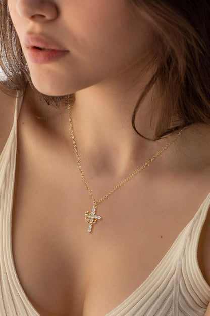 Tewiky Diamond Cross Necklace for women-Dainty 14k Gold Cubic Zirconia Pendant Necklaces Simple Gold Cross Pendant Necklace Cute Tiny Gold Jewelry