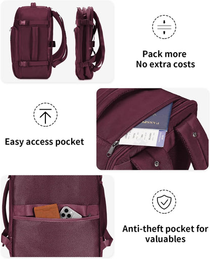 ECOHUB Travel Backpack for Women, 18x14x8 Spirit Airlines Personal Item Bag with Clear Toiletry Bag, Laptop Carry on Backpack with USB Port, Airline Approved Under Seat 14 Pockets 30L, Red