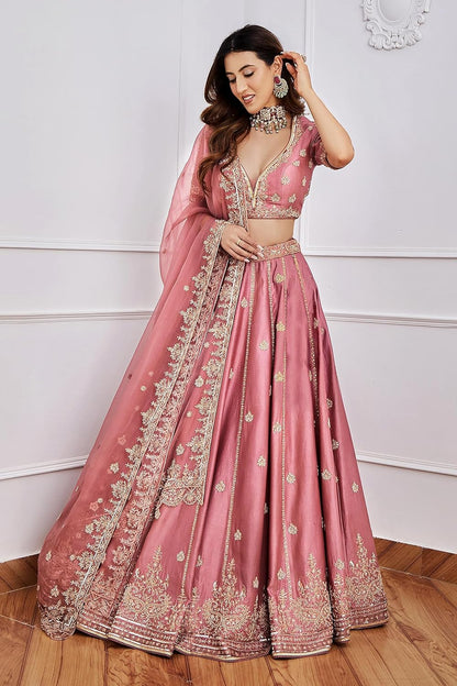 TRENDMALLS Satin Embroidery Sequence Work Lehenga Choli Unstitch Blouse with Dupatta For Women (L257-DarkPeach-FreeSize)