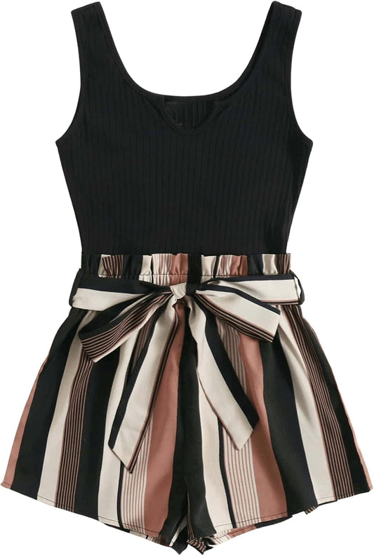 SOLY HUX Women's Summer Sleeveless Belted Tank Romper Short Jumpsuit