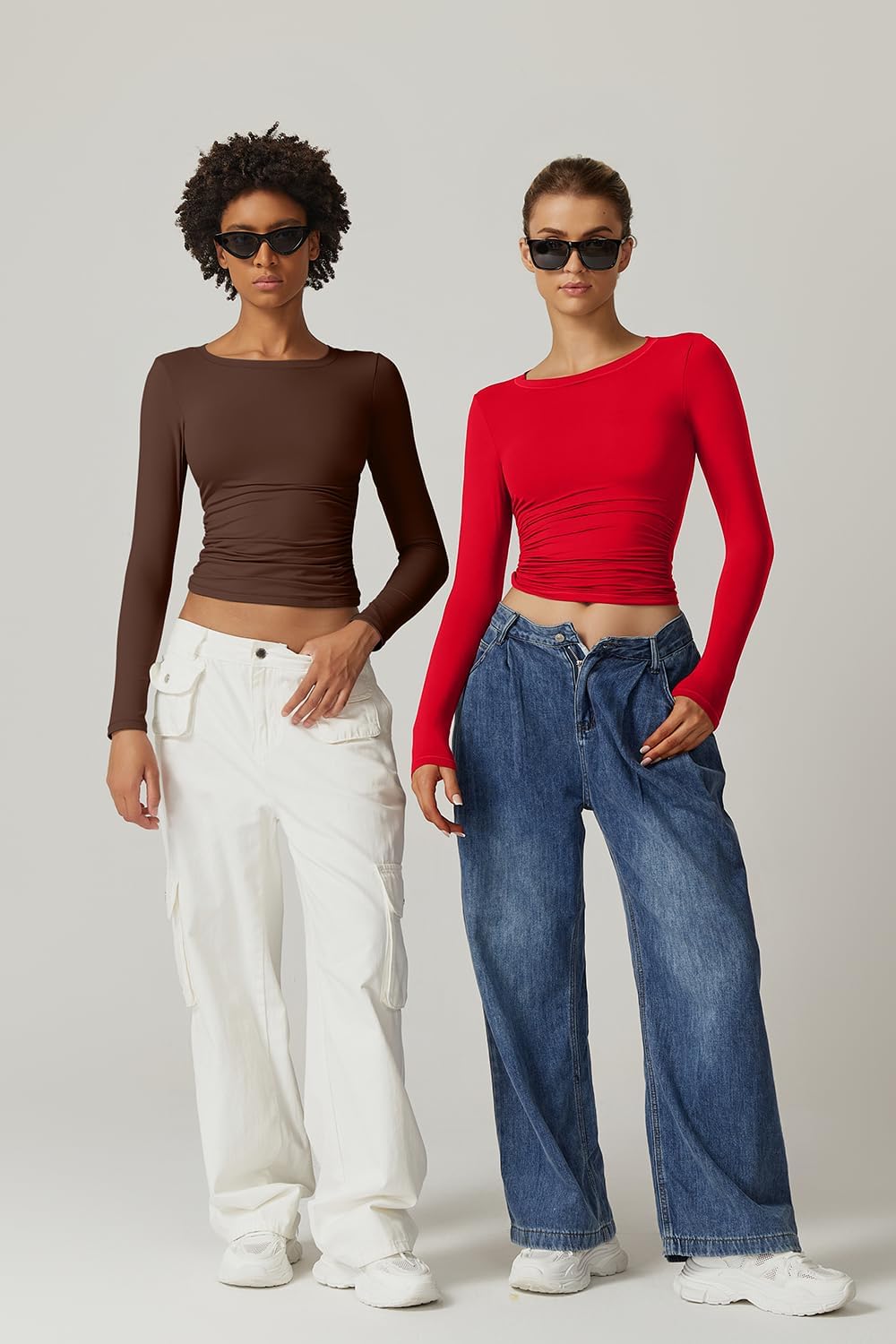 QINSEN Womens Crewneck Long Sleeve Shirt Double Lined Basic Tees Side Ruched Going Out Crop Tops