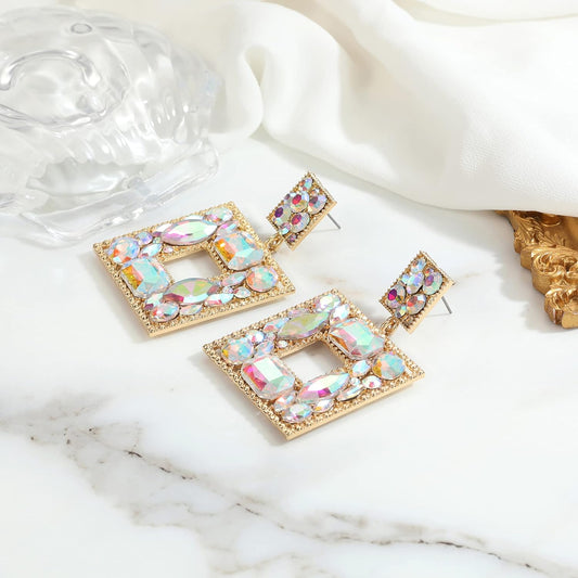 Rhinestone Square Statement Dangle Earrings Trendy Crystal Geometric Drop Earrings Hypoallergenic Jewelry for Women Party