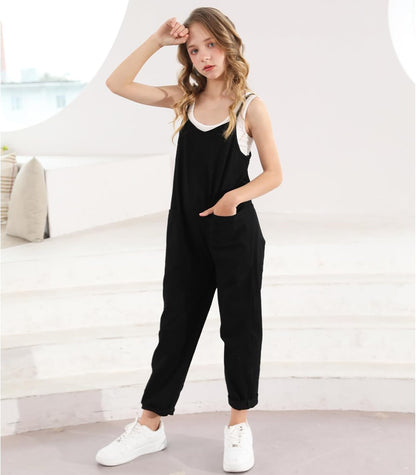 RAISEVERN Jumpsuits for Girls Casual Sleeveless Loose Spaghetti Strap Summer Rompers Long Pants with Pockets