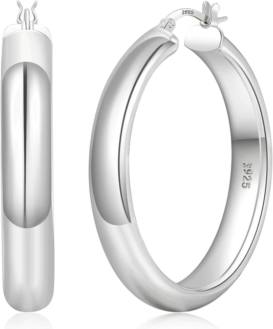 8mm Wide Chunky Gold Hoops 14K Real Gold Plated Hypoallergenic 925 Sterling Silver Hoops Lightweight Big Gold Hoop Earrings for Women 30/40/50/60mm
