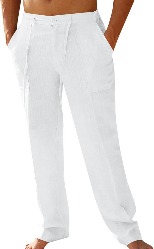 PASLTER Mens Casual Linen Pants Loose Fit Elastic Drawstring Waist Straight-Legs Summer Yoga Beach Long Pants