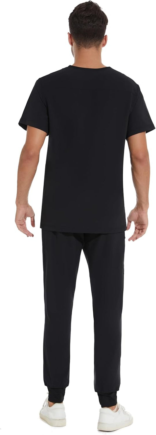 COZYFIT Men Scrubs Set — Stretch V-Neck Scrub Top & Jogger Pant with 8 Pockets, Yoga Waistband, Anti-Wrinkle Scrubs for Men