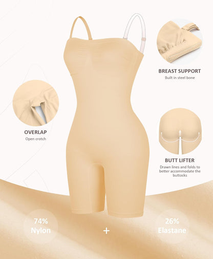 FeelinGirl Seamless Shapewear for Women Strapless Bodysuit Underwear for Wedding Dress Body Shaper Shortie with Removable Straps XXL