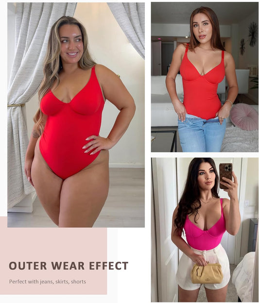 FeelinGirl Shapewear Bodysuits for Women Tummy Control Body Suits Deep V Neck Thong Body Shaper