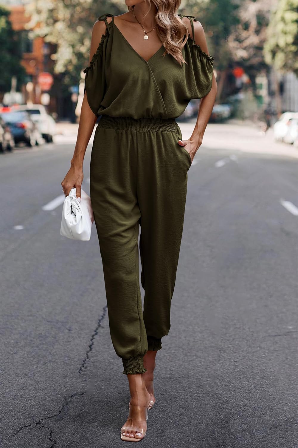 PRETTYGARDEN Jumpsuit for Women Casual Wrap V Neck Cold Shoulder One Piece Outfits Pants Romper (Army Green,Small)