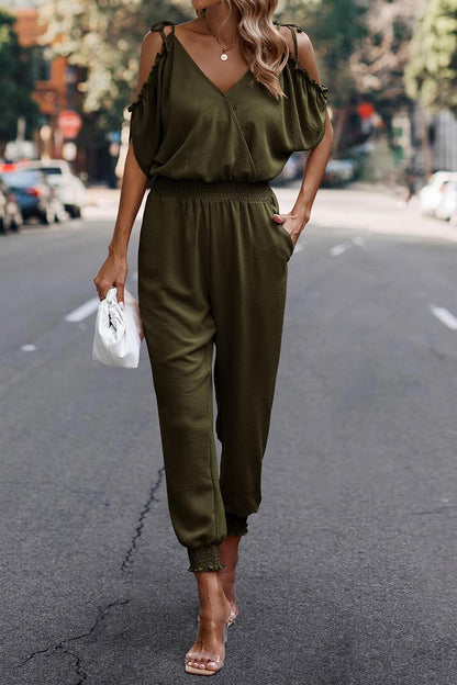 PRETTYGARDEN Jumpsuit for Women Casual Wrap V Neck Cold Shoulder One Piece Outfits Pants Romper (Army Green,Small)
