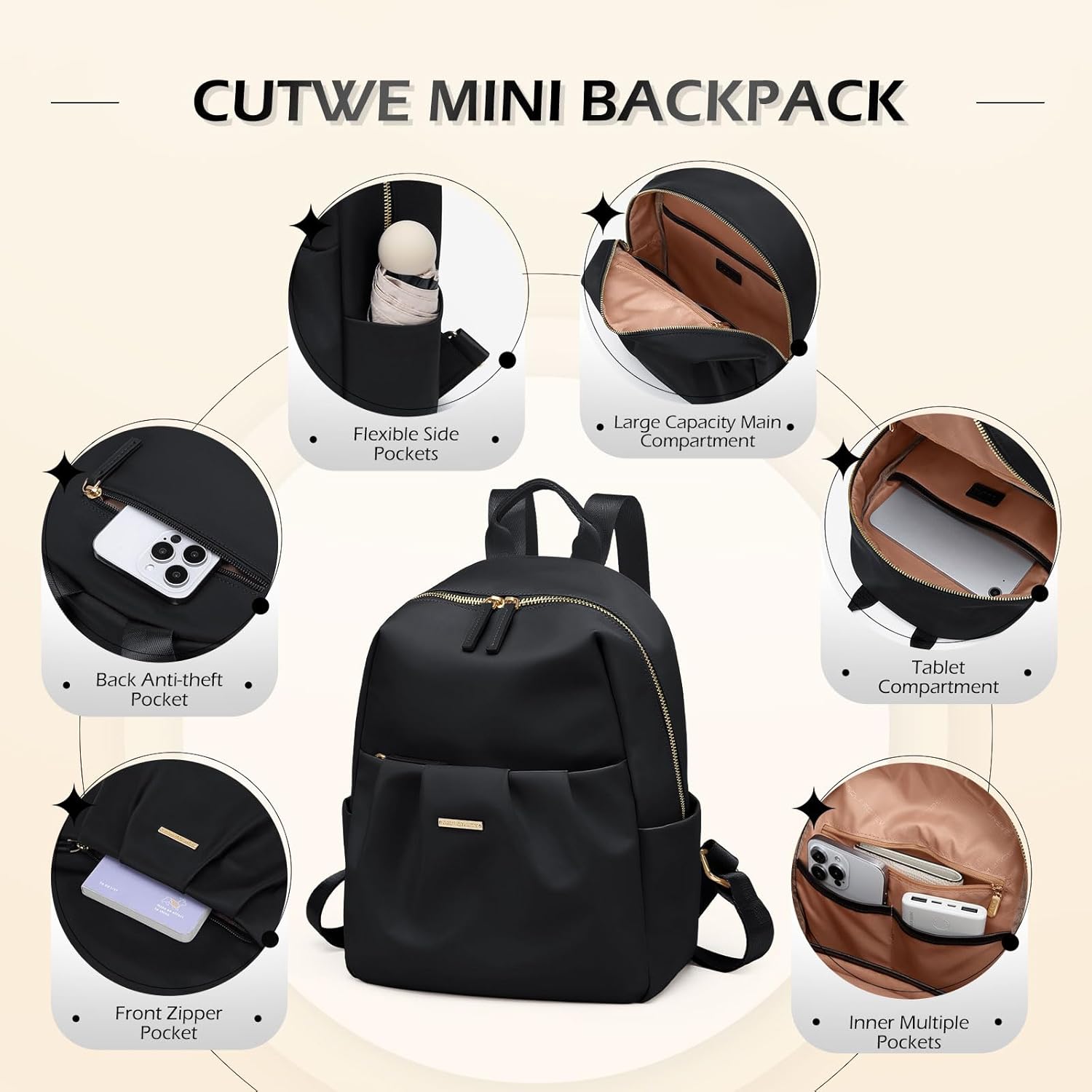 Backpack for Women, Small Cute Backpack Purse Lightweight Casual Daypack Backpack for Travel Mini Backpacks for Ladies College Work,9.7Inch,Black