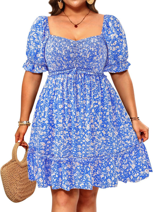 Pinup Fashion Women Plus Size Casual Puff Sleeve Sweetheart Neckline Smocked Short Summer Babydoll Cute Mini Dress