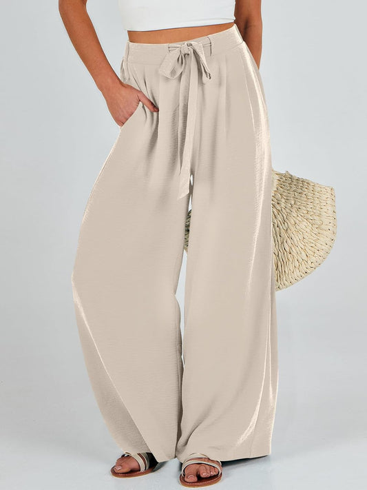 Caracilia Women Wide Leg Palazzo Pants Summer High Waist Flowy Casual Trousers Loose Lounge Beach Travel Vacation Clothes