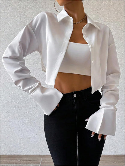 GORGLITTER Women's Long Sleeve Asymmetrical Crop Tops Collared Cropped Button Down Shirt