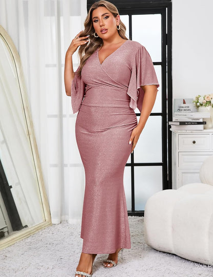 ZOMVA Plus Size Maxi Sparkly Dress Formal Evening Gown Cocktail Prom Glitter V-Neck Wrap Handkerchief Sleeves