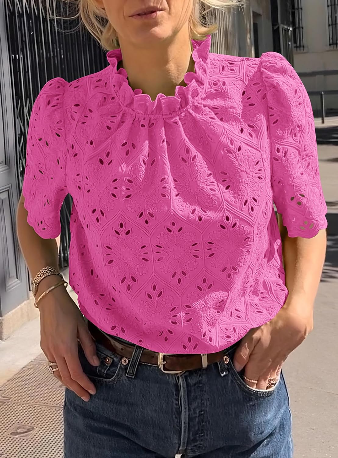 PRETTYGARDEN Summer Tops for Women 2025 Trendy Short Sleeve Eyelet Embroidered Dressy Casual Blouse Shirts