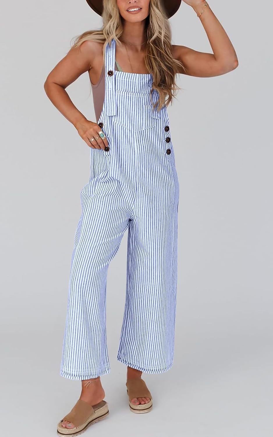 PRETTYGARDEN Overall Jumpsuit For Women 2025 Summer Casual Wide Leg Sleeveless Button Striped Jumpsuits Trendy Outfits