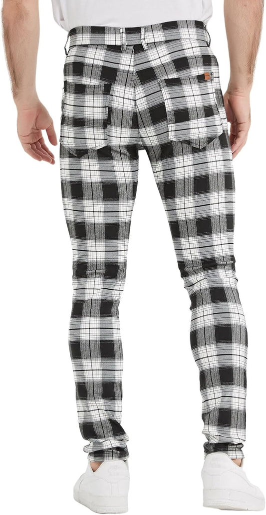Plaid&Plain Men's Plaid Pants Skinny Dress Pants for Men Skinny Chino Pants Men