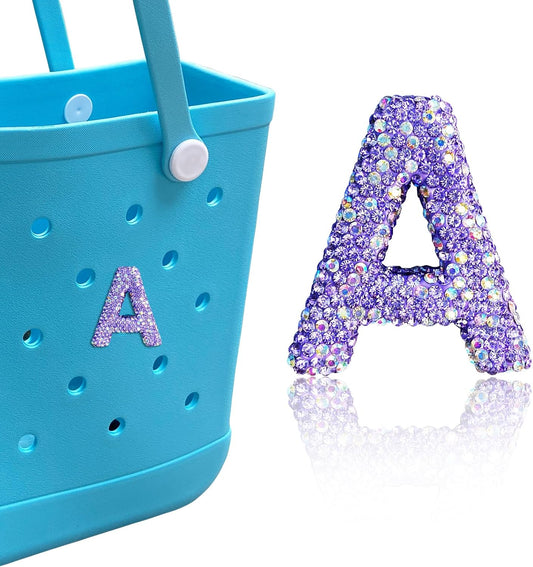 Diamond Letter Charms for Bogg Bag, Alphabet Sparkling Purple Rhinestones Lettering Accessories Charms for Simply Southern Bag, Insert Letters Charm for Handbag Beach Tote.