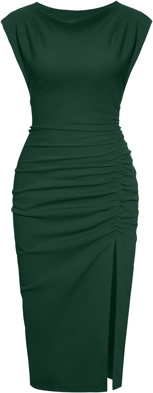 IHOT 2025 Women's Mock Neck Side Slit Ruched Bodycon Cocktail Party Wedding Guest Midi Dress