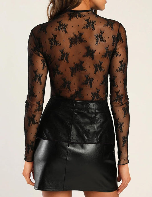 AKEWEI Womens Mesh Long Sleeve Tops Crew Neck Sexy See Through Tee Shirts Party Club Night Lace Blouse