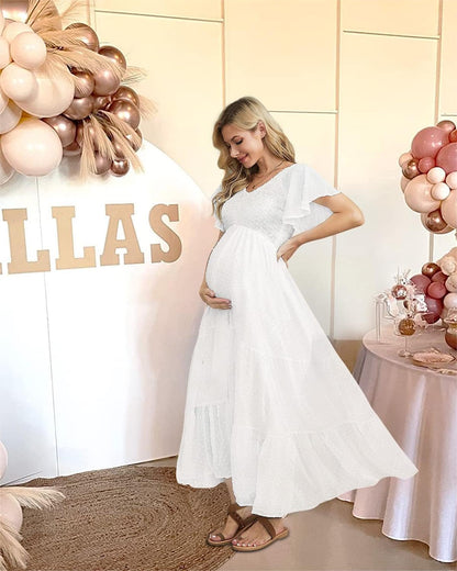 Swiss Dot Smocked Maternity Dress for Baby Shower Photoshoot Casual V Neck Ruffle Sleeve Empire Waist Tiered Boho Dress