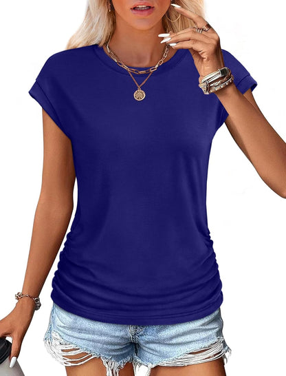 SAMPEEL Womens Summer Tops Trendy 2025 Ruched Cap Short Sleeve Tshirts Shirts Crew Neck T Shirts Fashion