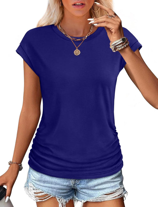SAMPEEL Womens Summer Tops Trendy 2025 Ruched Cap Short Sleeve Tshirts Shirts Crew Neck T Shirts Fashion