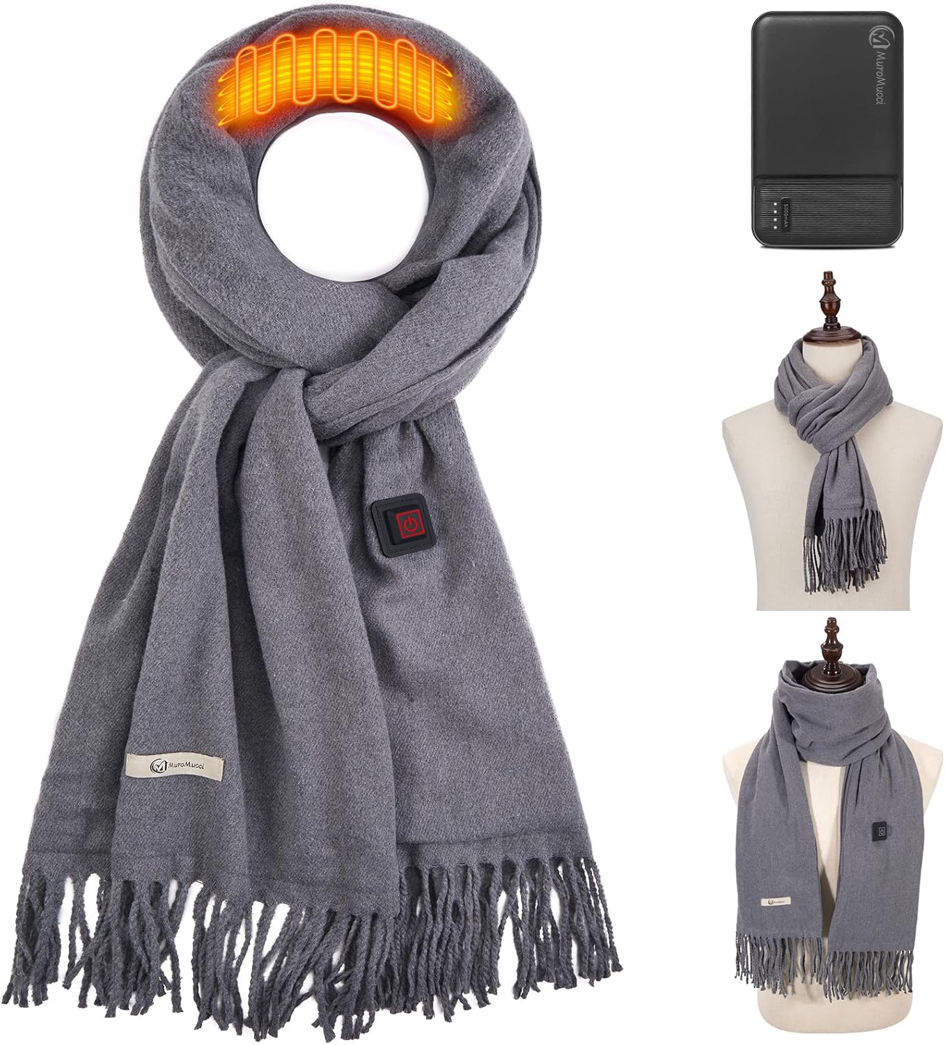 Heated Scarf for Women Rechargeable Neck Warmer, Scarves for Men Winter Warm Intelligent Electric Heating Scarf(grey)
