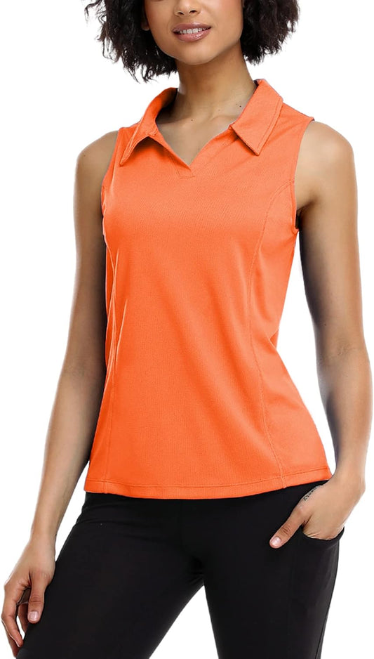 COOrun Women's Golf Polo Shirts Sleeveless Quick Dry Tennis T-Shirts Lightweight V-Neck with Collar Tank Top